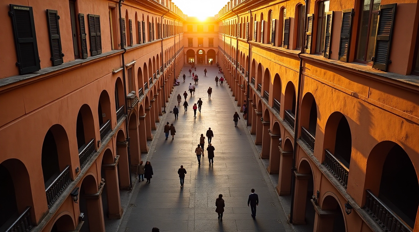 Veduta aerea dei portici medievali di Bologna con le arcate storiche e le strade acciottolate