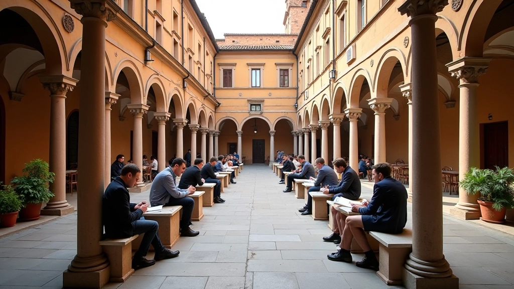 Cortile interno dell'università di Bologna con arcate rinascimentali e studenti seduti a studiare, luce naturale pomeridiana