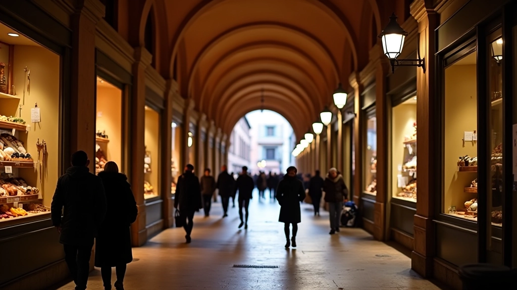 Passaggio coperto sotto i portici di Bologna con negozi caratteristici e persone che camminano, illuminazione naturale che filtra dagli archi