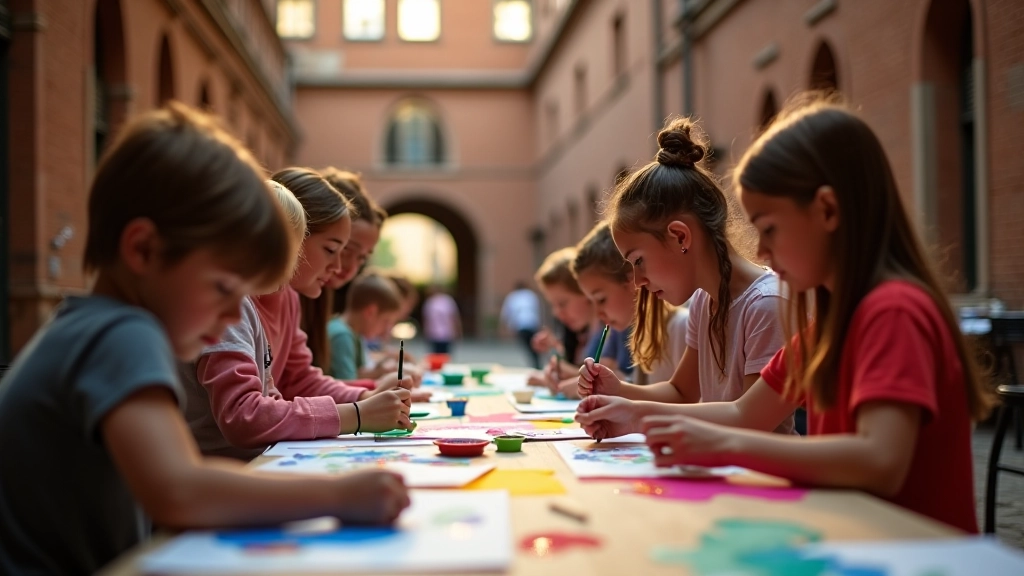 Laboratorio creativo in cortile con bambini e adulti che dipingono, tavoli colorati, muri storici intorno, luce naturale che entra dalle finestre