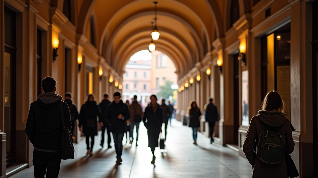 Scena di vita quotidiana sotto i portici con persone che camminano, negozi storici e studenti, atmosfera di comunità urbana