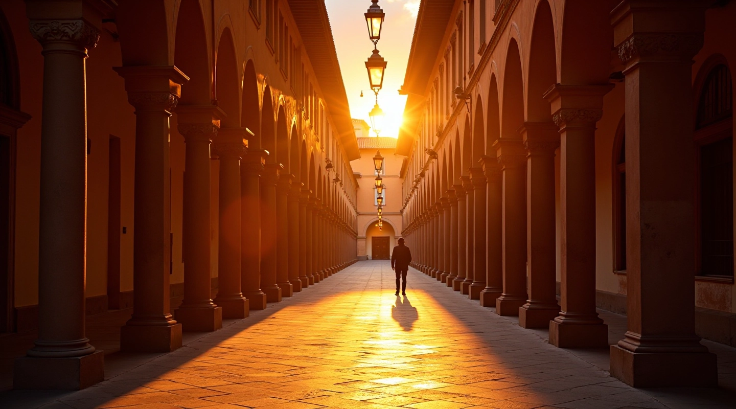 Veduta delle arcate storiche di Bologna con le luci dorate del tramonto che illuminano i portici medievali