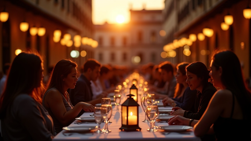 Tavoli lunghi in piazza con persone che mangiano insieme al tramonto, lanterne di carta illuminate, architettura medievale sullo sfondo