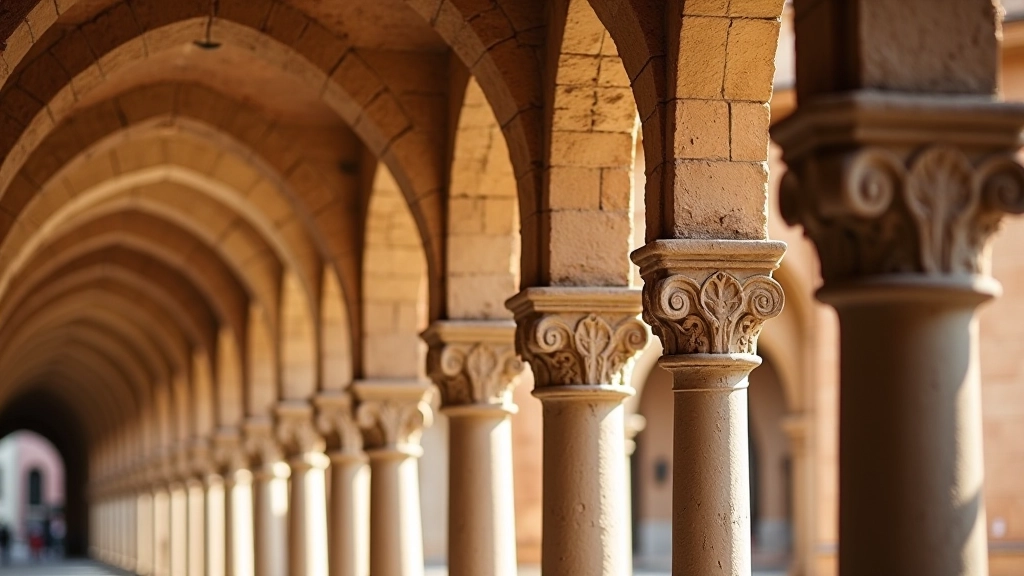 Dettaglio architettonico delle arcate medievali di Bologna con colonne in pietra e volte, architettura storica ben conservata