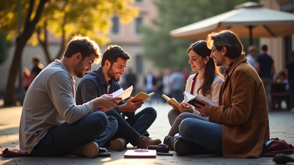 Gruppo di persone che leggono e discutono insieme sedute in una piazza di Bologna